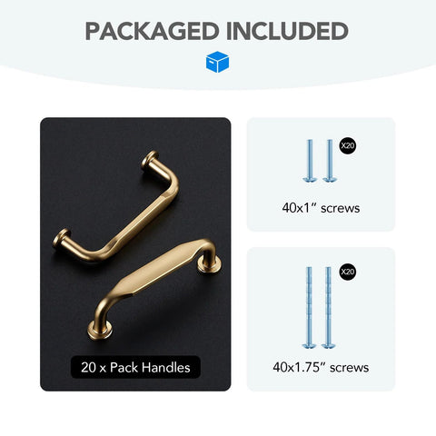 Package contents showing 20 Pack 3 Inch Champagne Bronze Cabinet Handles Solid Zinc Alloy Pulls with mounting screws included.