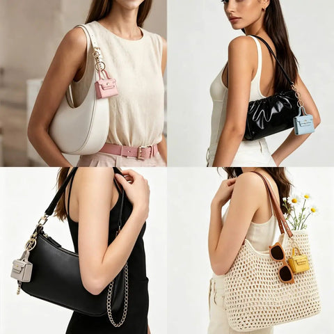 Four styles of bags with Snag These Hella Adorable Mini Backpack Keychains For Bags And Keys PU Leather Coin Purse accents.