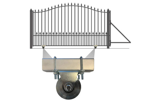 Heavy Duty V Groove Gate Wheels With Double Bearings Bolted External Mount Cradle for Inverted V Track Gates shown with gate