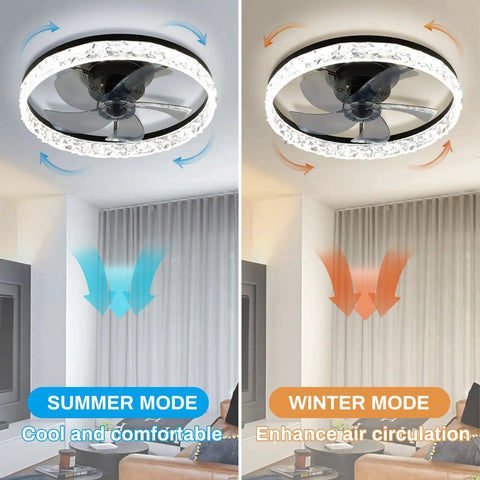 Modern 18 Inch Ceiling Fan With Lights And Remote, Dimmable LED, low profile, showing summer and winter modes in a room setting.