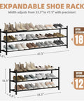Expandable 3 Tier Metal Shoe Rack Holds 12 To 18 Pairs Freestanding Stackable Organizer For Closet, Entryway, Hallway, Or Garage With Adjustable Width From 33.3 To 47.5 Inches And Easy Assembly Perfect Space Saver shown expanded.