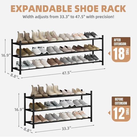 Expandable 3 Tier Metal Shoe Rack Holds 12 To 18 Pairs Freestanding Stackable Organizer For Closet, Entryway, Hallway, Or Garage With Adjustable Width From 33.3 To 47.5 Inches And Easy Assembly Perfect Space Saver shown expanded.