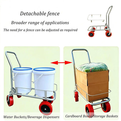 Heavy Duty Foldable Garden Harvest Cart With Guardrails, 440 Pound Capacity, Waterproof Galvanized Iron Frame, Rugged Garden Utility Cart For Farms, Orchards, And Backyard Chores, with detachable fence and red wheels