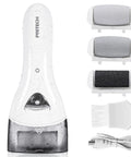 Electric Foot Callus Remover Rechargeable Cordless Foot File That Kicks Dry Skin Out The Window And Delivers Fresh Heels With Zero Hassle For Your Effortless Daily Glow Up, shown with three roller heads and charging accessories.