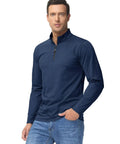 Man wearing blue Mens Quarter Zip Fleece Pullover With Micro Fleece Lining Lightweight Moisture Wicking Four Way Stretch Long Sleeve Sweatshirt