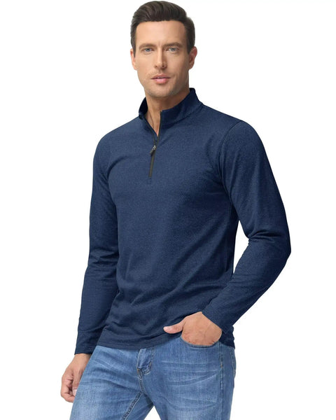 Man wearing blue Mens Quarter Zip Fleece Pullover With Micro Fleece Lining Lightweight Moisture Wicking Four Way Stretch Long Sleeve Sweatshirt