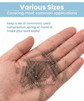 Premium 10 Piece Set Of Solid 304 Stainless Steel Compression Springs Featuring Rugged Rust Proof Build For Tough Workshop Jobs and Heavy Outdoor Use With Perfect 8 Mil OD And Tight 0 Dot5 Wire Gauge Plus Super Stable 40mm Length Design That Is Totally. small 304 stainless steel compression springs in a hand