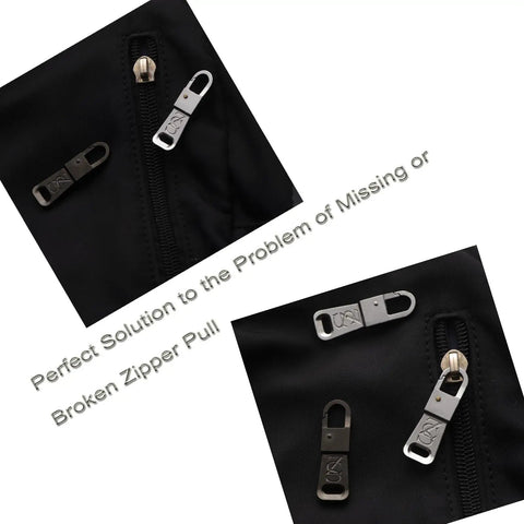 Stainless Steel Zipper Pull Replacement For Suitcases And Backpacks shown on black fabric with zipper