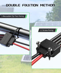 Solar Y Connector 4 To 2 Parallel Adapter for solar panels with zip ties and screw fixation methods, outdoor installation detail.