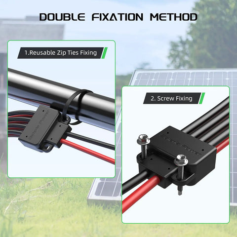 Solar Y Connector 4 To 2 Parallel Adapter for solar panels with zip ties and screw fixation methods, outdoor installation detail.