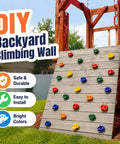 Gear Up And Crush Your Next Session With This Solid Rock Climbing Holds Kit Featuring Twenty Five Multi Colored Grips Paired With A Heavy Duty Knotted Rope Plus Full Mounting Hardware Ready For All Day Wall Workouts on a wooden climbing wall.