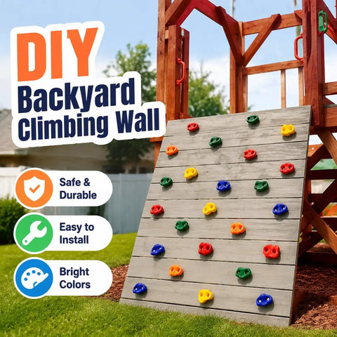 Gear Up And Crush Your Next Session With This Solid Rock Climbing Holds Kit Featuring Twenty Five Multi Colored Grips Paired With A Heavy Duty Knotted Rope Plus Full Mounting Hardware Ready For All Day Wall Workouts on a wooden climbing wall.