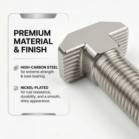 Close-up view of Premium M8 X 40mm T Slot Bolts With Matching Flange Nuts showing high-carbon steel and nickel plating finish.