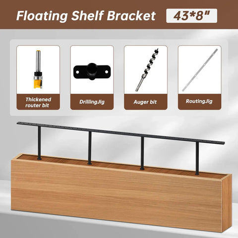Beefy Heavy Duty Floating Shelf Brackets 43x8x1 Inch Hidden Black Metal Fireplace Mantel Brackets With Invisible Mounting Hardware For Heavy Books And Wooden Shelves Including Easy Installation Kit, shown in 43x8" wood shelf