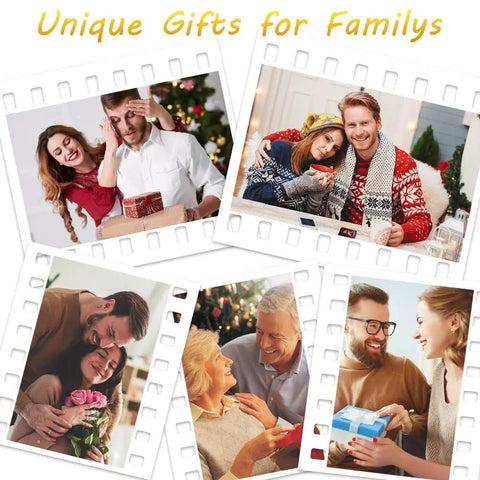 Collage of people exchanging gifts during holidays with Romantic 3D Illusion Night Light Lamp For Husband Or Boyfriend From Wife Valentines Day Gift For Him I Love You Heart Design LED Decor For Anniversary Birthday Or Special Occasion as a unique gift idea.