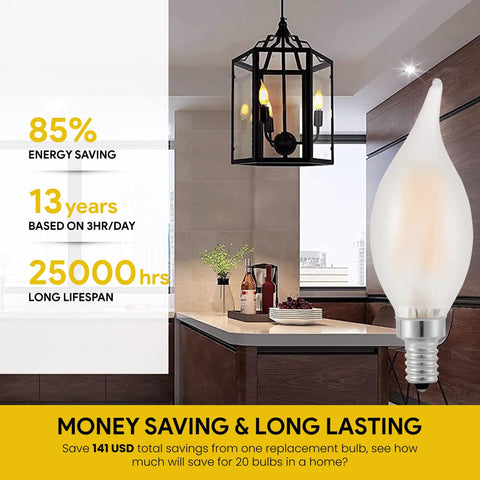 E12 Candelabra LED Bulb 2700K Frosted 40W Equivalent Dimmable Candle Light with energy saving and long lifespan for cozy vibes