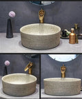 Retro Ceramic Vessel Sink Countertop Basin for Bathroom, Round Art Wash Basin with Drain and Faucet, Easy Clean Glaze Finish for Home Hotel Patio Decor 40cm, showcasing natural texture and mounted faucet.