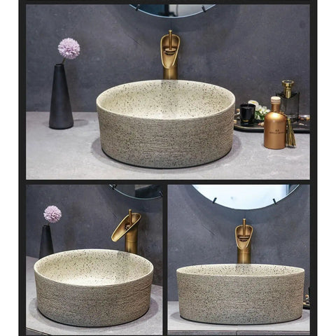 Retro Ceramic Vessel Sink Countertop Basin for Bathroom, Round Art Wash Basin with Drain and Faucet, Easy Clean Glaze Finish for Home Hotel Patio Decor 40cm, showcasing natural texture and mounted faucet.