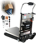 Top Shelf 1200W Electric Stair Climbing Hand Truck With Upgraded Rubber Tracks, Heavy Duty Lithium Battery Trolley hauling a box on stairs.