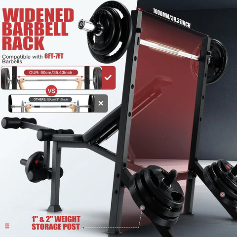 900 Lb Weight Bench Set With Squat Rack For Home Gym showing widened barbell rack dimensions and storage posts