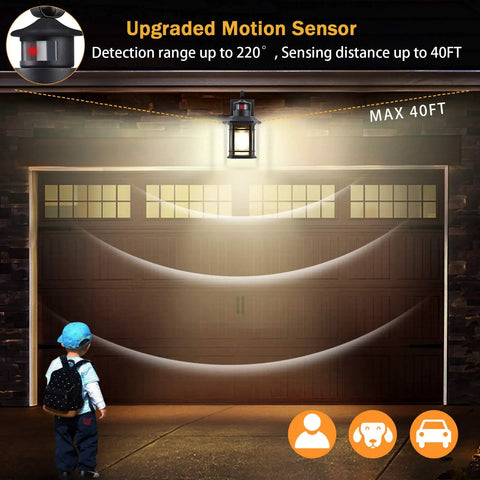 Motion Sensor Outdoor Wall Lights With Dusk To Dawn Sensor, Matte Black Exterior Lanterns illuminating garage.