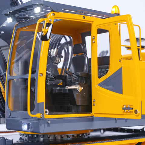 1 14 RC Model Metal Hydraulic Aoue ET30H Wheeled Excavator With Full Metal Frame High Torque Motor ESC Servo LED Light Kit Realistic Working Pistons Durable Construction For Serious RC Nerds And Builders. Close-up of the cab and LED light.