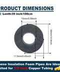 Dimensions of insulating foam pipe covers for outdoor and indoor water lines, foam tube sleeves for freeze protection, 12 pack, 1/2 inch size.