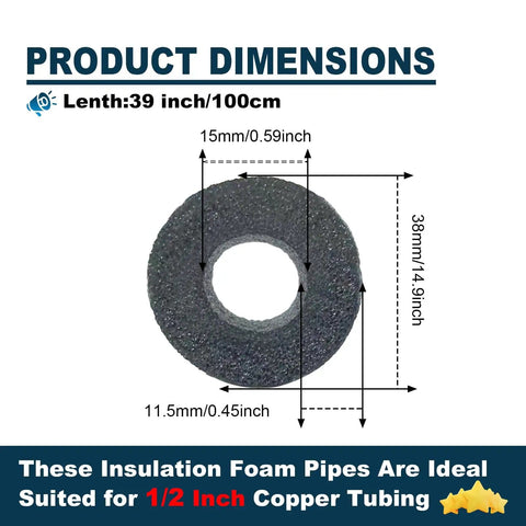 Dimensions of insulating foam pipe covers for outdoor and indoor water lines, foam tube sleeves for freeze protection, 12 pack, 1/2 inch size.