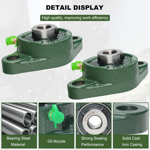 2 Pack Pillow Block Bearings With Flange Mount, Self Aligning, One Half Inch Bore, Steel Bearings, Low Friction And Low Noise