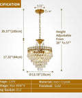 Modern Crystal Chandelier Round Gold Pendant Light Fixture For Living Room Dining Room Foyer And Bedroom, Luxury K9 Crystal Pendant Lighting With Antique Gold Finish, Glam Home Illumination, product specifications and dimensions diagram