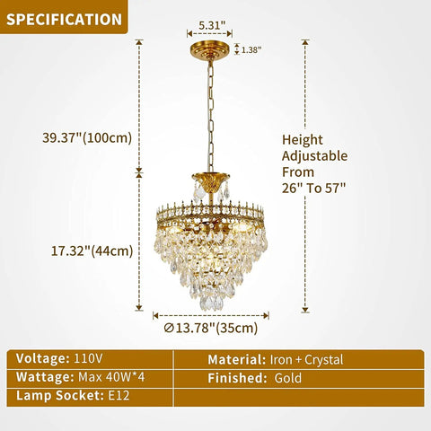 Modern Crystal Chandelier Round Gold Pendant Light Fixture For Living Room Dining Room Foyer And Bedroom, Luxury K9 Crystal Pendant Lighting With Antique Gold Finish, Glam Home Illumination, product specifications and dimensions diagram