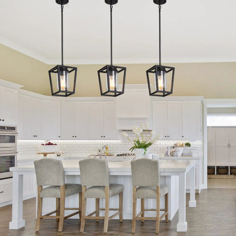 Black Pendant Light For Kitchen Island, 1 Light Modern Farmhouse Cage Lantern With Glass Shade over stylish kitchen island
