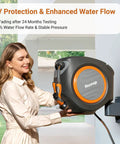 Person mounting Retractable Garden Hose Reel With Auto Retraction, 5/8 Inch By 100 Foot Hose, Wall Mount, UV Resistant