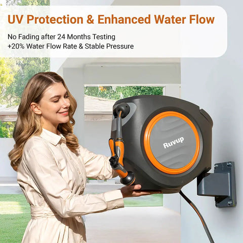 Person mounting Retractable Garden Hose Reel With Auto Retraction, 5/8 Inch By 100 Foot Hose, Wall Mount, UV Resistant