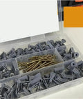 100 Pcs Gray Drywall Anchors Expansion Screws Kit For Plasterboard Walls With Self Tapping Screws, Rust-Resistant Yellow Zinc-Plated Carbon Steel, Easy Install, Strong Hold For TVs, Shelves, Mirrors, And Frames. Gray drywall anchors and yellow zinc screws in a clear organizer box