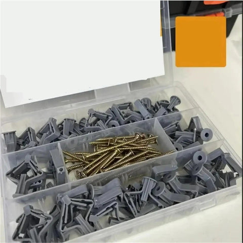 100 Pcs Gray Drywall Anchors Expansion Screws Kit For Plasterboard Walls With Self Tapping Screws, Rust-Resistant Yellow Zinc-Plated Carbon Steel, Easy Install, Strong Hold For TVs, Shelves, Mirrors, And Frames. Gray drywall anchors and yellow zinc screws in a clear organizer box