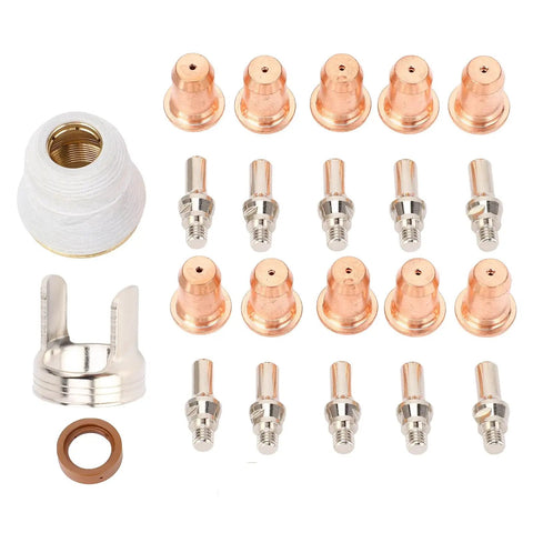 Top Notch Plasma Cutting Nozzles And Electrode Consumables Kit With 23 Pieces For Automotive Repair Jobs Made From Sturdy Brass And Zinc Alloy That Is Easy To Carry Around And Keeps Your Torch Working Like A Champ, featuring assorted copper nozzles and electrodes.