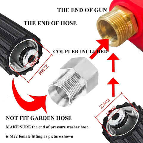 Close-up of M22 fittings for Red Beefy High Power Pressure Washer Gun With 40 Inch Wand Extension Five Nozzle Tips 5000 PSI Performance