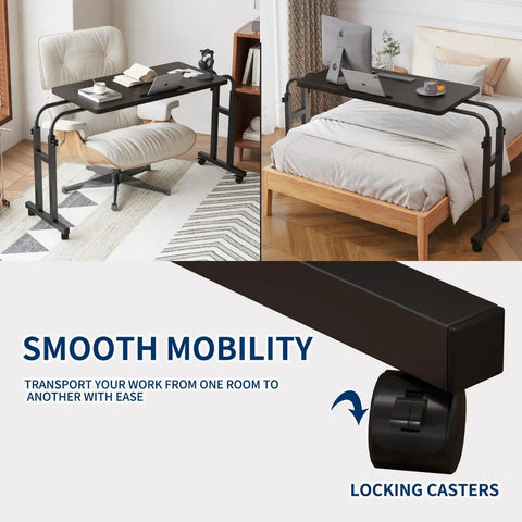 Super Adjustable Mobile Recliner Desk With Smooth Cruising Wheels Hella Flexible Overbed Table For Laptop Working in use beside bed and chair.
