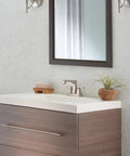 Bathroom vanity with Ashlyn Centerset Bathroom Faucet In Brushed Nickel With 2 Handles And High Arc Spout, 4-Inch Centerset.
