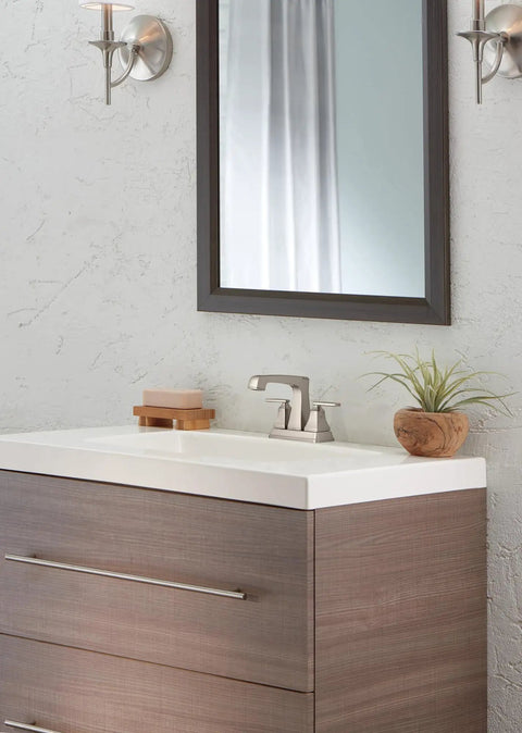 Bathroom vanity with Ashlyn Centerset Bathroom Faucet In Brushed Nickel With 2 Handles And High Arc Spout, 4-Inch Centerset.