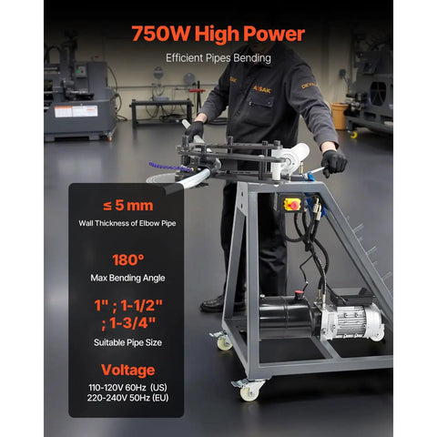 Commercial Grade Portable Electric Pipe Bender Powered By A Snappy 750W Motor And Three Heavy Duty Dies in workshop, bending metal tubing.