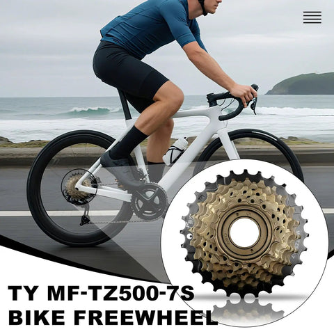 Cyclist on road bike with 7 Speed Screw On Freewheel For Bikes TZ500-7 14-28 Tooth Gears Durable Steel Cogs inset view