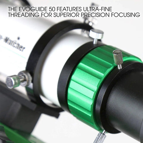 Close-up of EvoGuide 50DX 50mm APO Doublet Refractor Guide Scope focusing mechanism showcasing green threading.