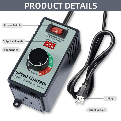 Heavy Duty AC Motor Speed Controller 120V 15A Variable Fan Speed Regulator With Led Digital Display, showing speed knob and plug.