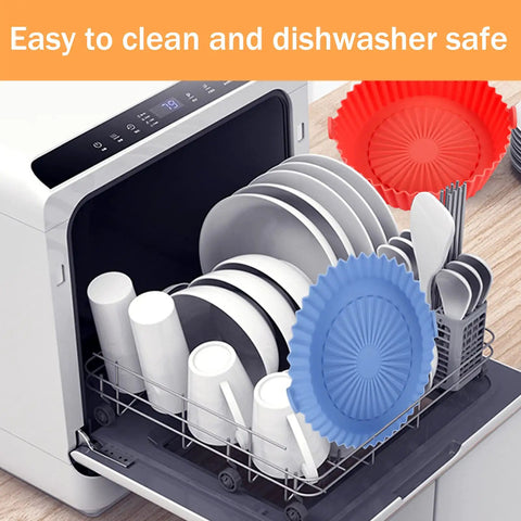 Two Pack Round Silicone Air Fryer Liners Fits 1 To 3.5 Qt Baskets in dishwasher, blue and red nonstick oven accessories
