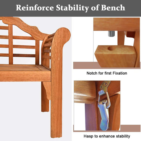 Foldable Outdoor Eucalyptus Wood Bench For Two 49 Inch, details of corner design and stability features.