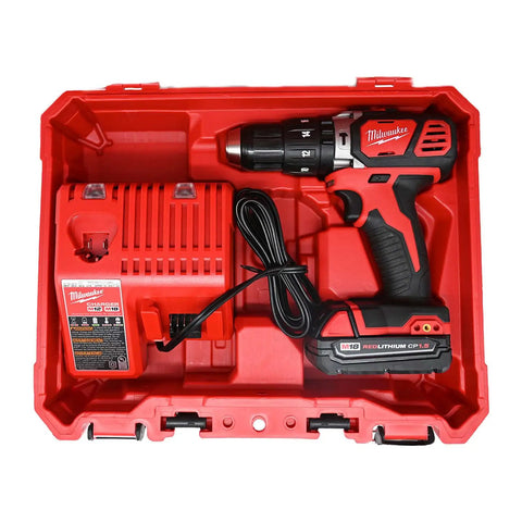 Compact Half Inch Hammer Drill Driver Kit With M18 Cordless Power, 1.5Ah Battery, Quick Charger in durable red hard case