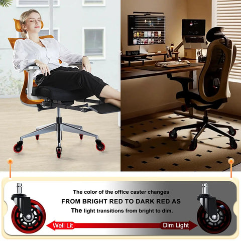 3-Inch Office Chair Caster Wheels Replacement Set Of 5 Red Scratch-Free Non-Marking Rubber Rollers on an office chair in lit room