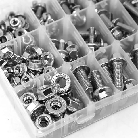 Beefy 240 Piece M5 M6 M8 Flanged Bolts And Nuts Set In Stainless Steel 304 organized in a storage box for DIY projects.